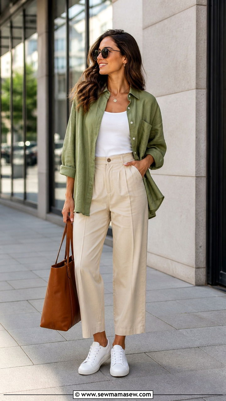 Avocado Green Oversized Button Down Shirt Outfit - 40 avocado green outfit ideas
