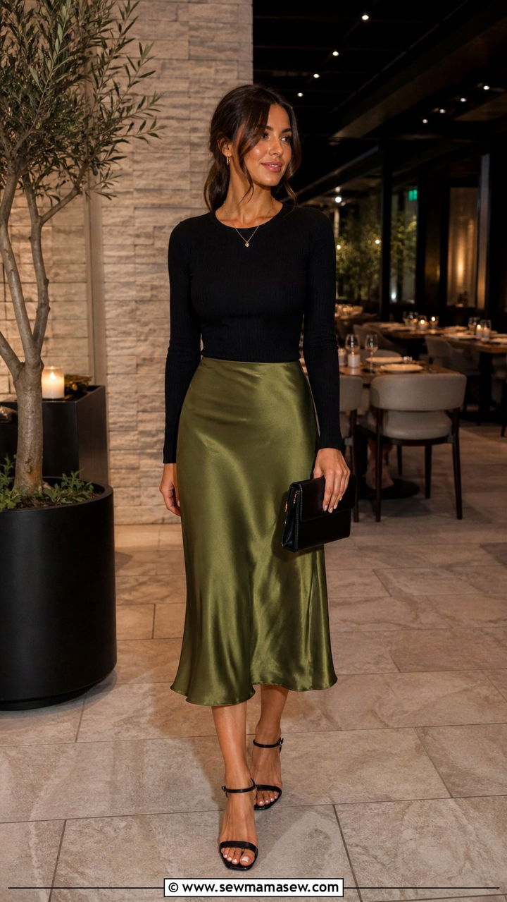 Avocado Green Satin Midi Skirt Outfit - 40 avocado green outfit ideas
