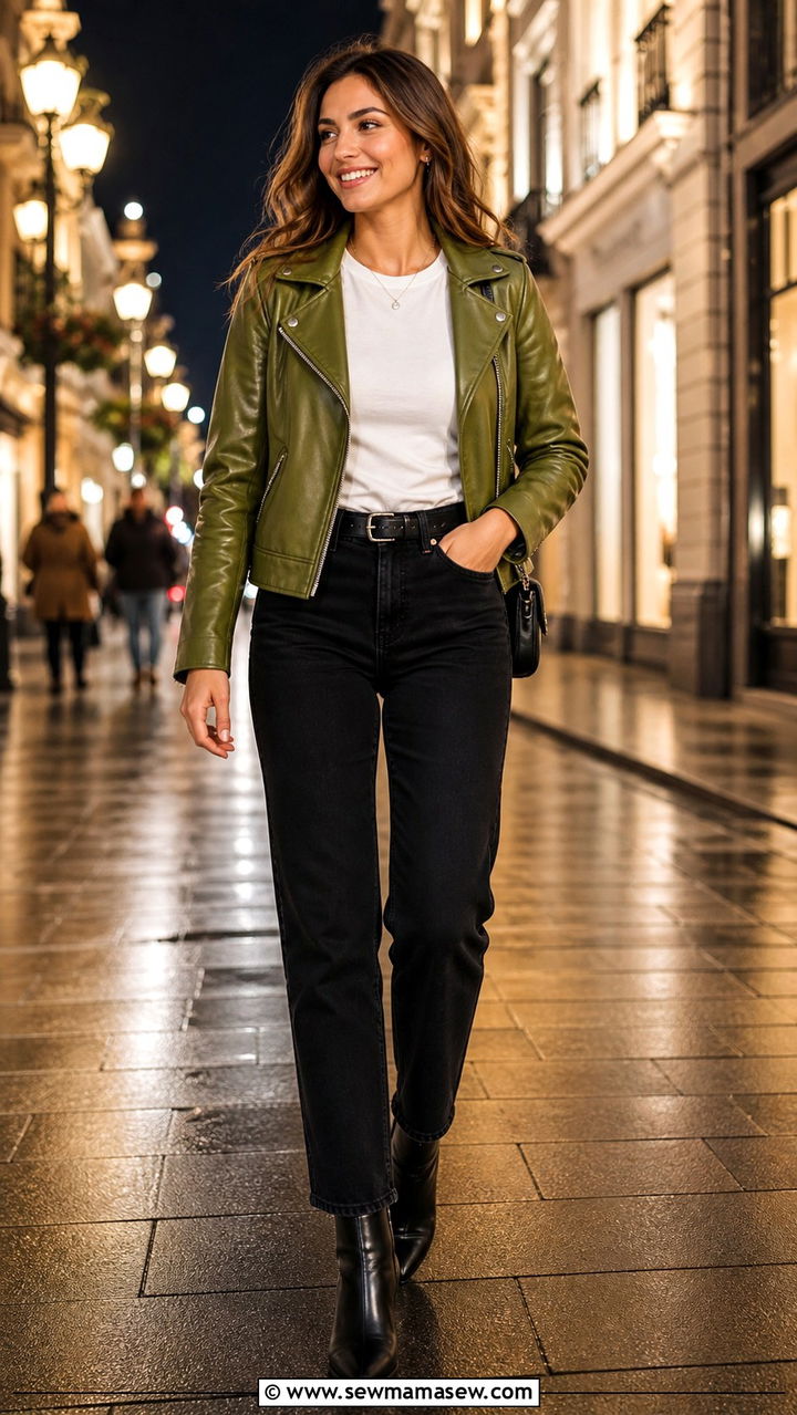 Avocado Green Vegan Leather Jacket Outfit - 40 avocado green outfit ideas