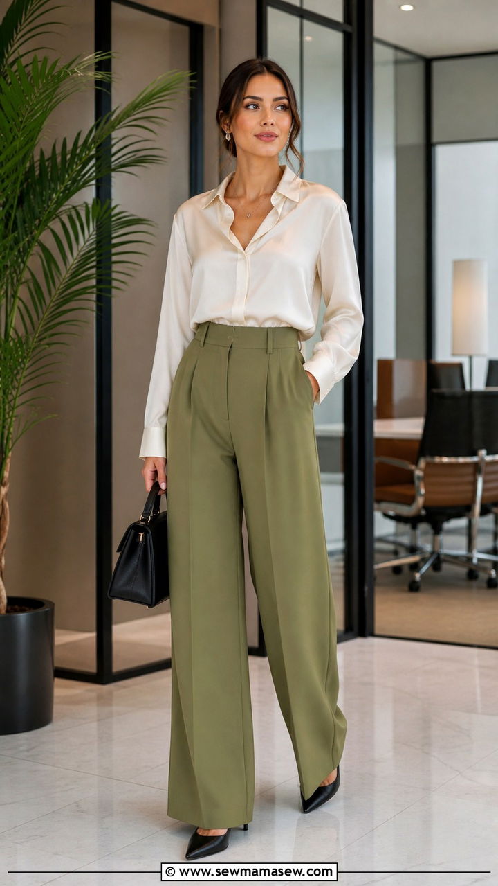 Avocado Green Wide Leg Trousers and Silk Blouse - 40 avocado green outfit ideas