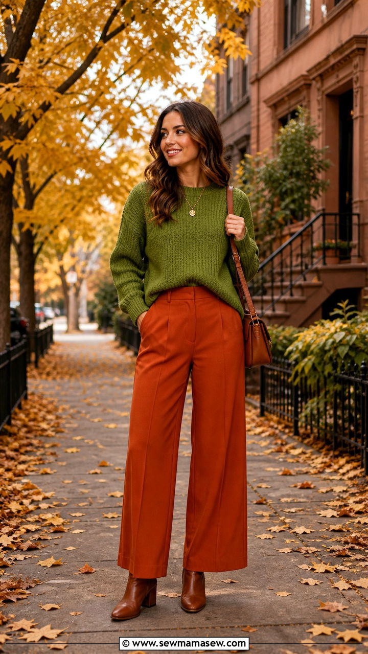 Avocado Green and Warm Orange Color Block Outfit - 40 avocado green outfit ideas