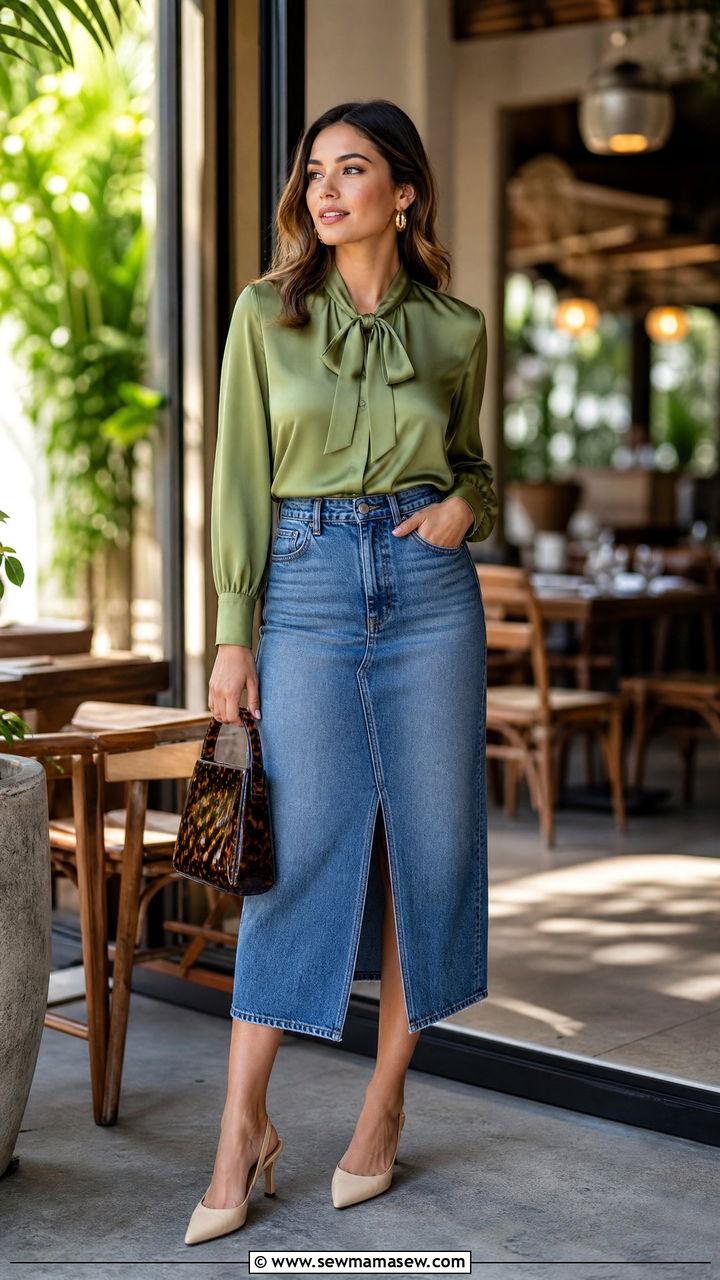 Avocado green blouse and denim skirt outfit - 30 summer avocado green outfit ideas