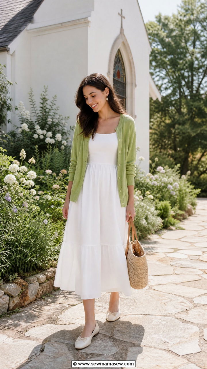 Avocado green cardigan and white dress outfit - 30 summer avocado green outfit ideas