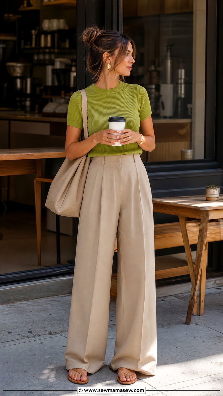Avocado green knit top and beige trousers outfit - 30 summer avocado green outfit ideas