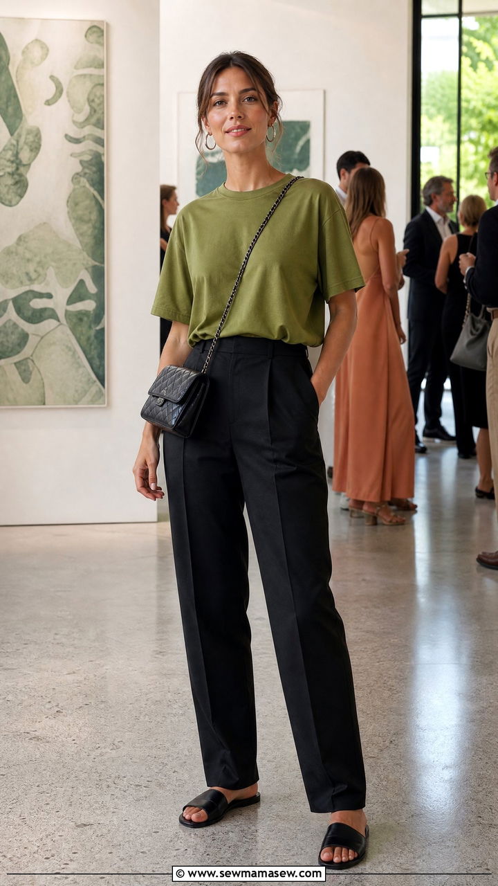 Avocado green t shirt and black trousers outfit - 30 summer avocado green outfit ideas