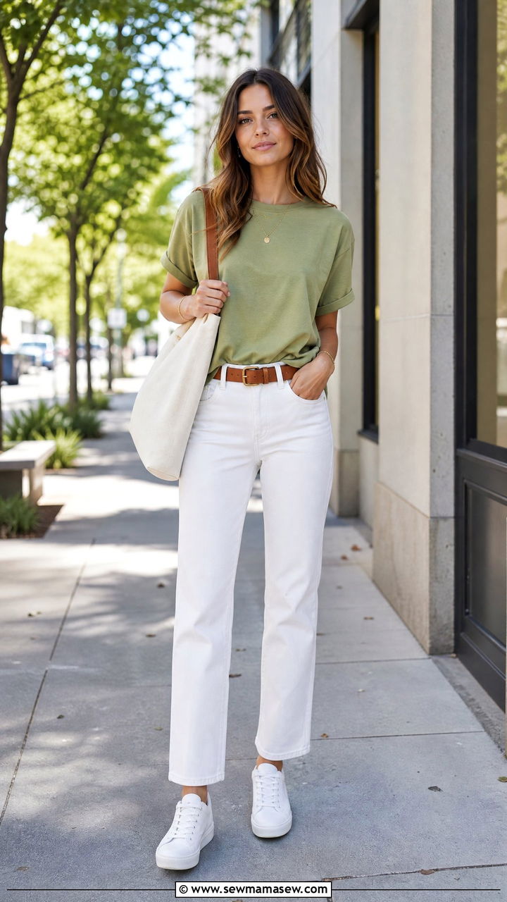 Avocado green t shirt and white jeans outfit - 30 summer avocado green outfit ideas