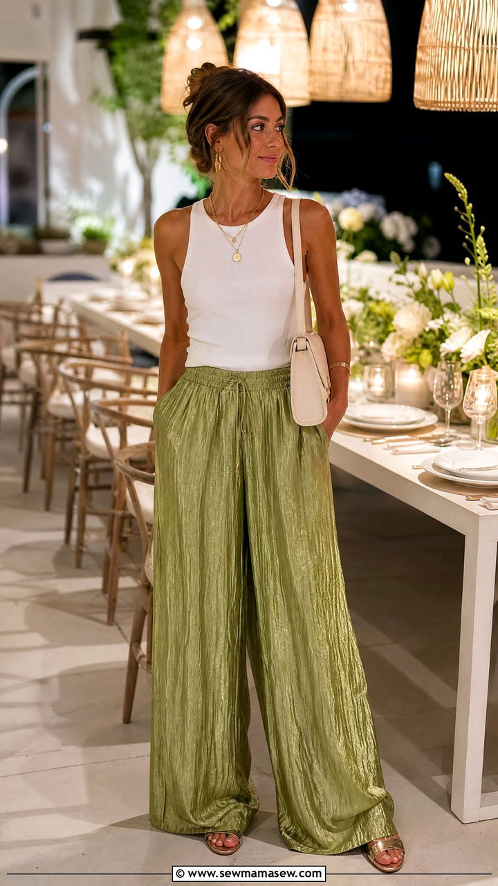 Avocado green trousers and sleeveless top outfit - 30 summer avocado green outfit ideas