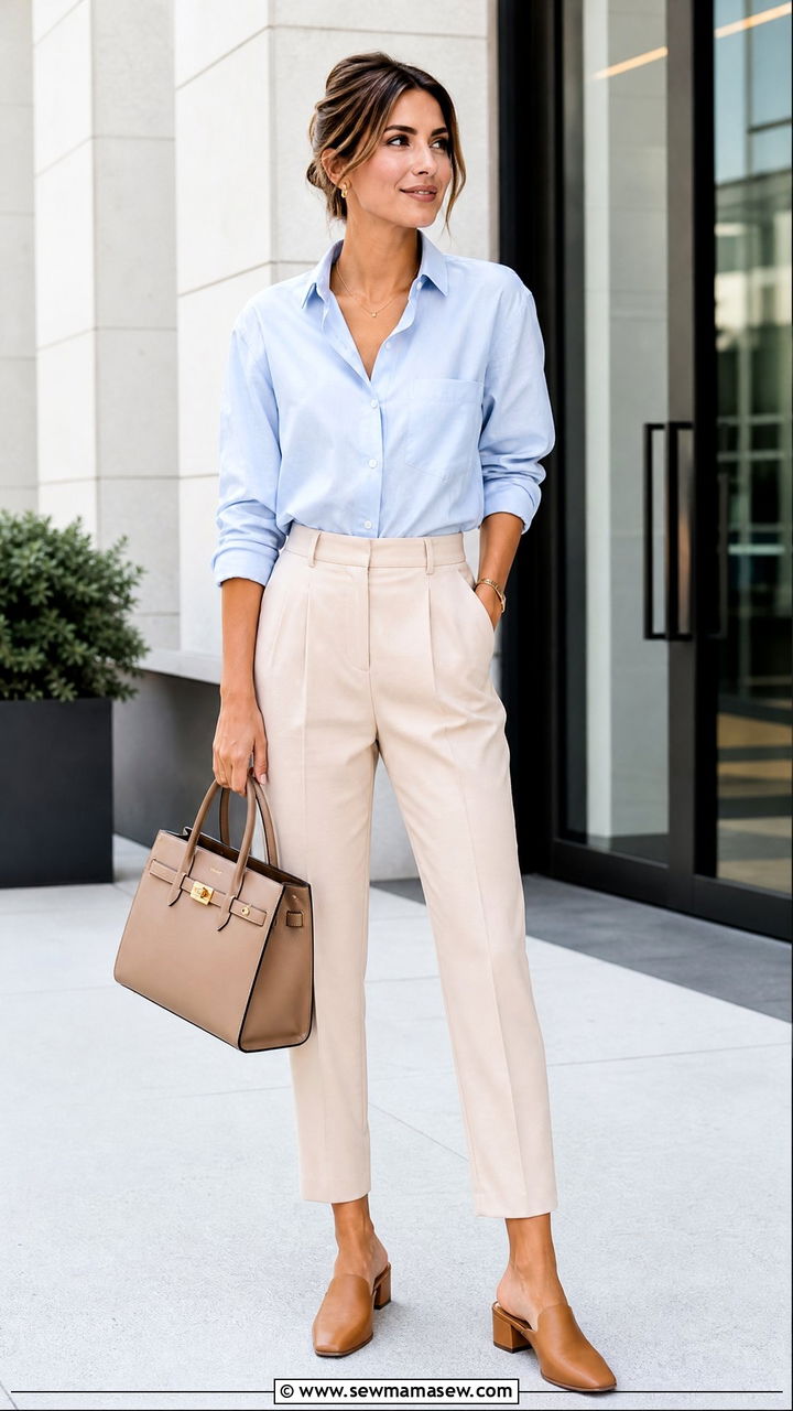 Baby Blue Button Down Shirt With Beige Trousers - 30 summer baby blue outfit ideas