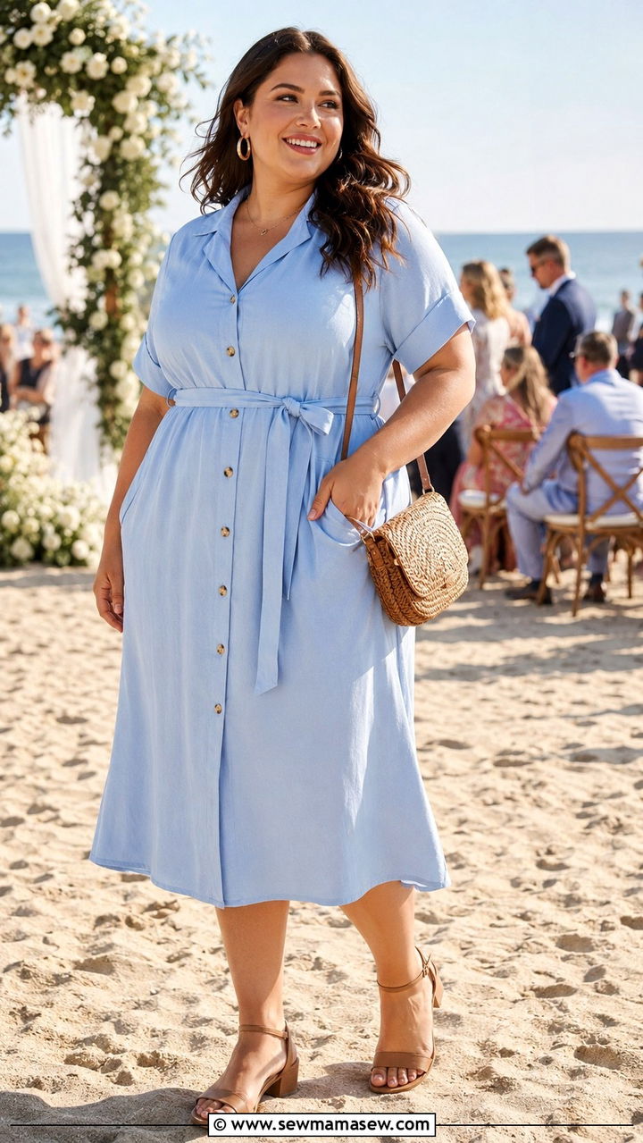 Baby Blue Button Front Midi Dress with Hoop Earrings - 30 Plus size wedding guest outfits spring