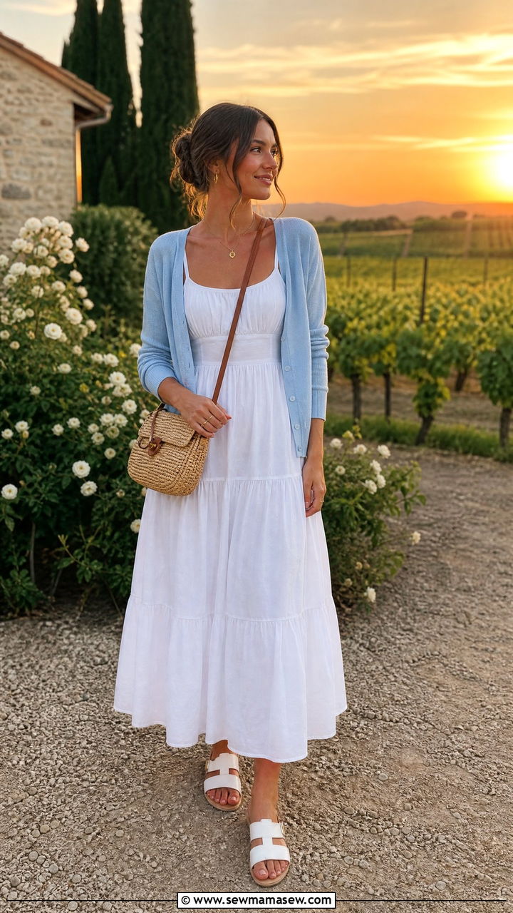 Baby Blue Cardigan Over White Sundress - 30 summer baby blue outfit ideas