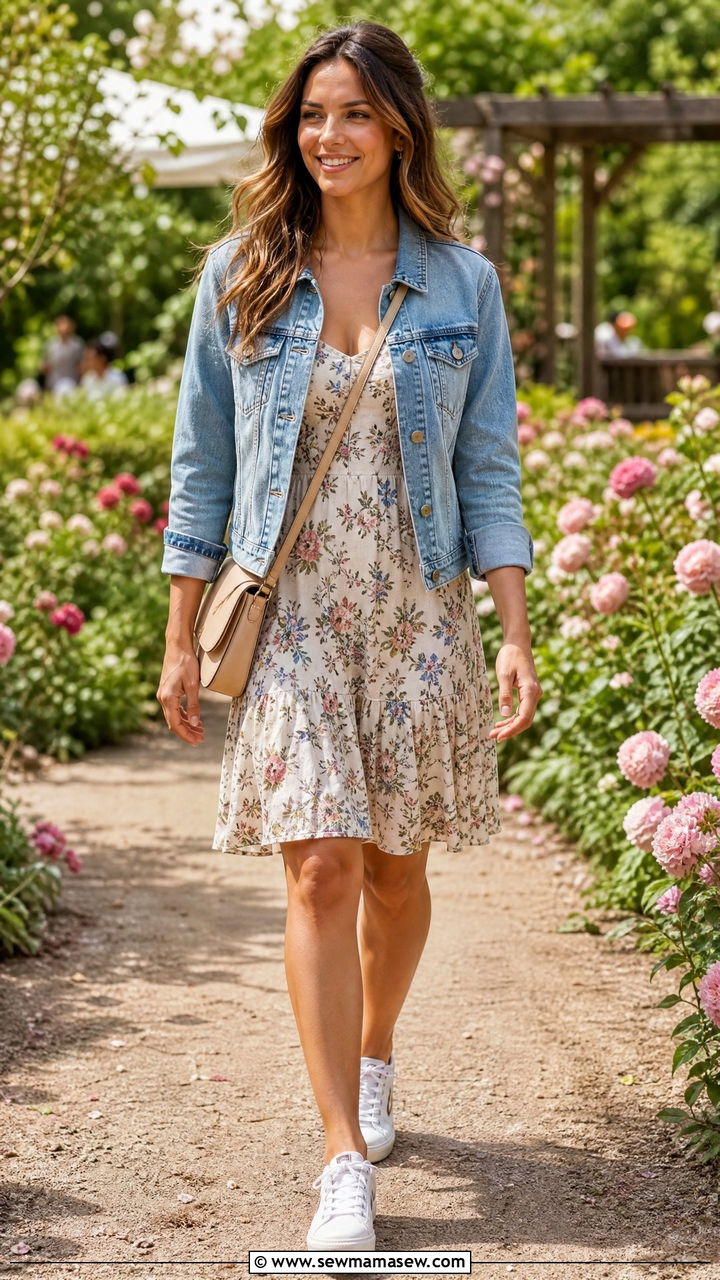 Baby Blue Denim Jacket With Floral Sundress - 30 summer baby blue outfit ideas