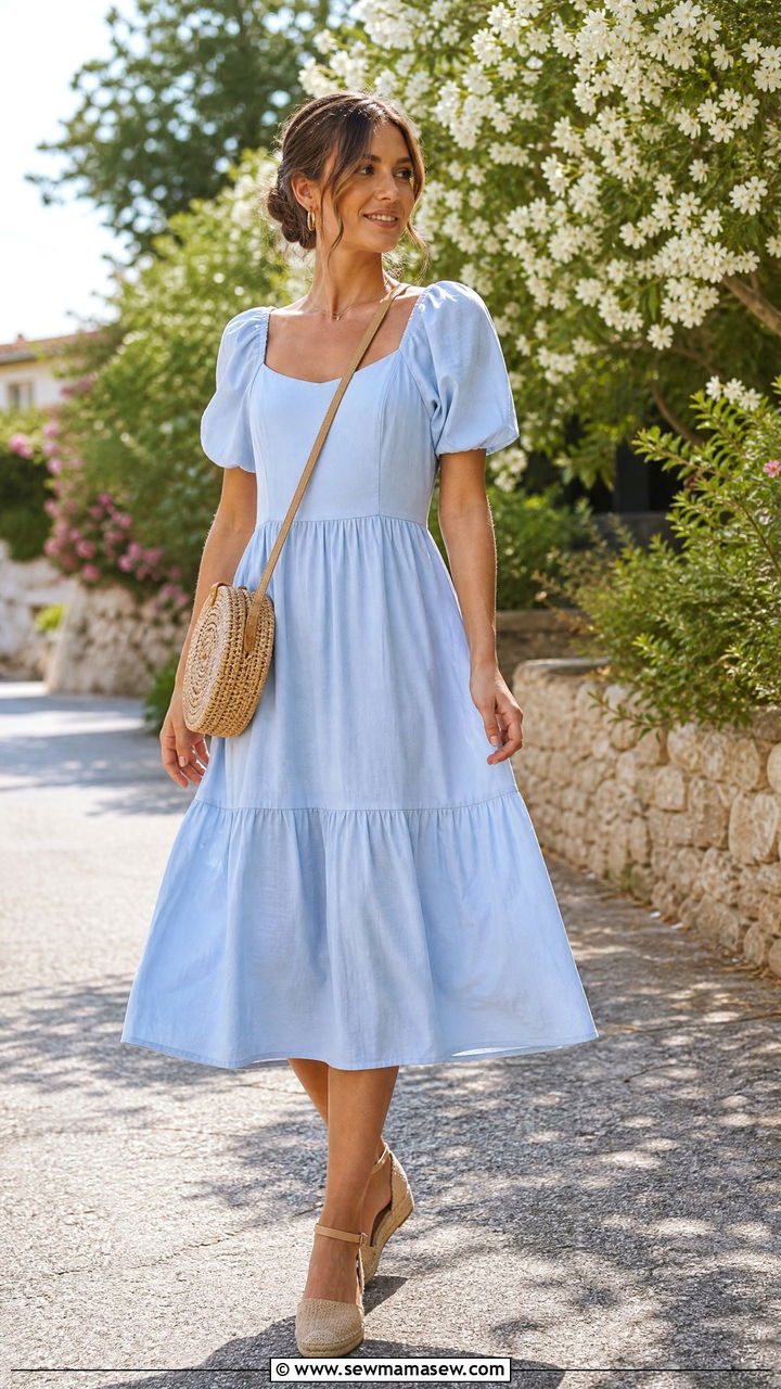 Baby Blue Midi Dress With Espadrilles - 30 summer baby blue outfit ideas