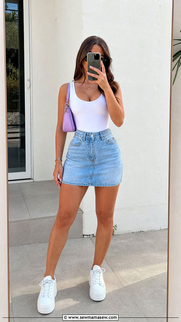 Baby Blue Mini Skirt With Bodysuit - 30 summer baby blue outfit ideas