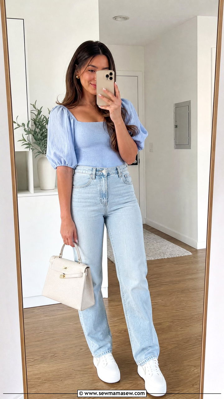 Baby Blue Puff Sleeve Top With Light Wash Jeans - 30 summer baby blue outfit ideas