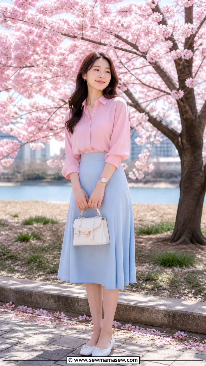 Baby Blue Skirt and Pink Blouse Pastel Combo - 40 spring cute outfit ideas
