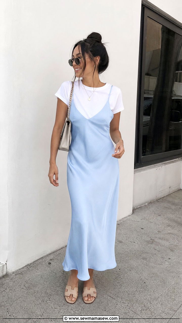Baby Blue Slip Dress With Slide Sandals - 30 summer baby blue outfit ideas
