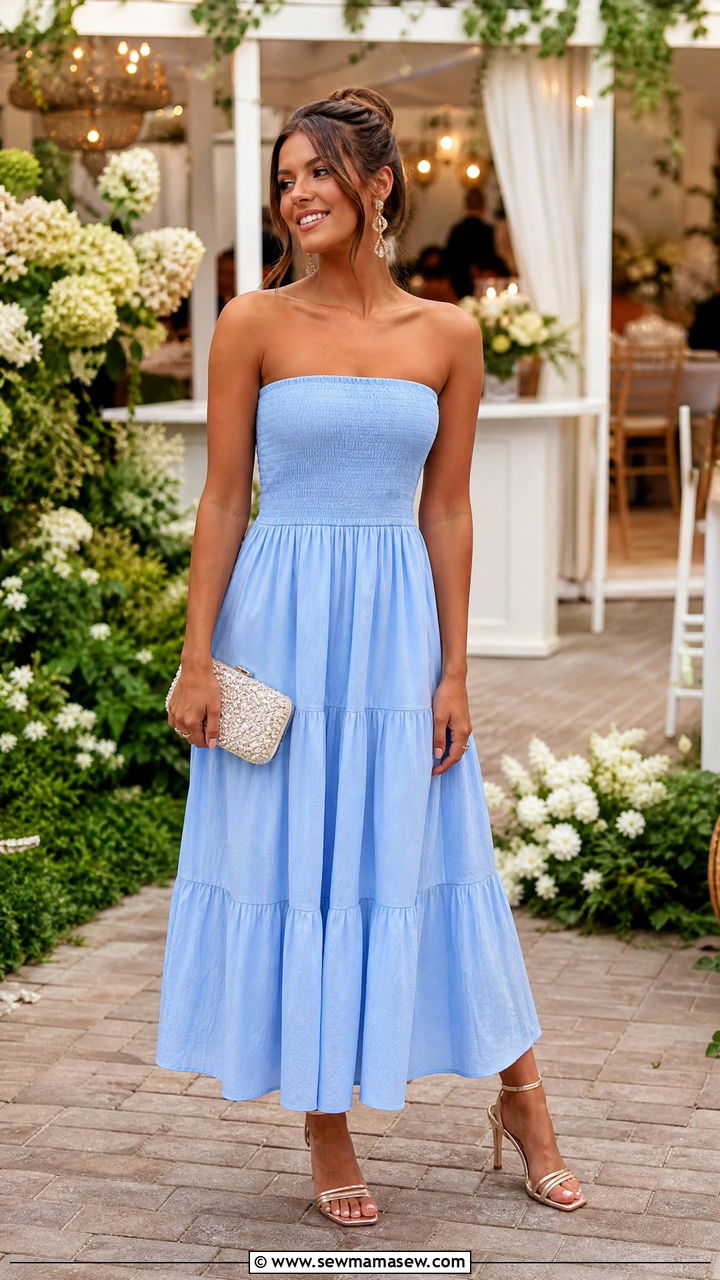 Baby Blue Strapless Dress With Clutch - 30 summer baby blue outfit ideas