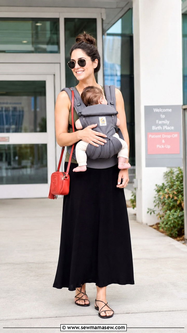 Baby Carrier and Maxi Skirt Postpartum Outfit - 20 Maternity outfit ideas going home from hospital