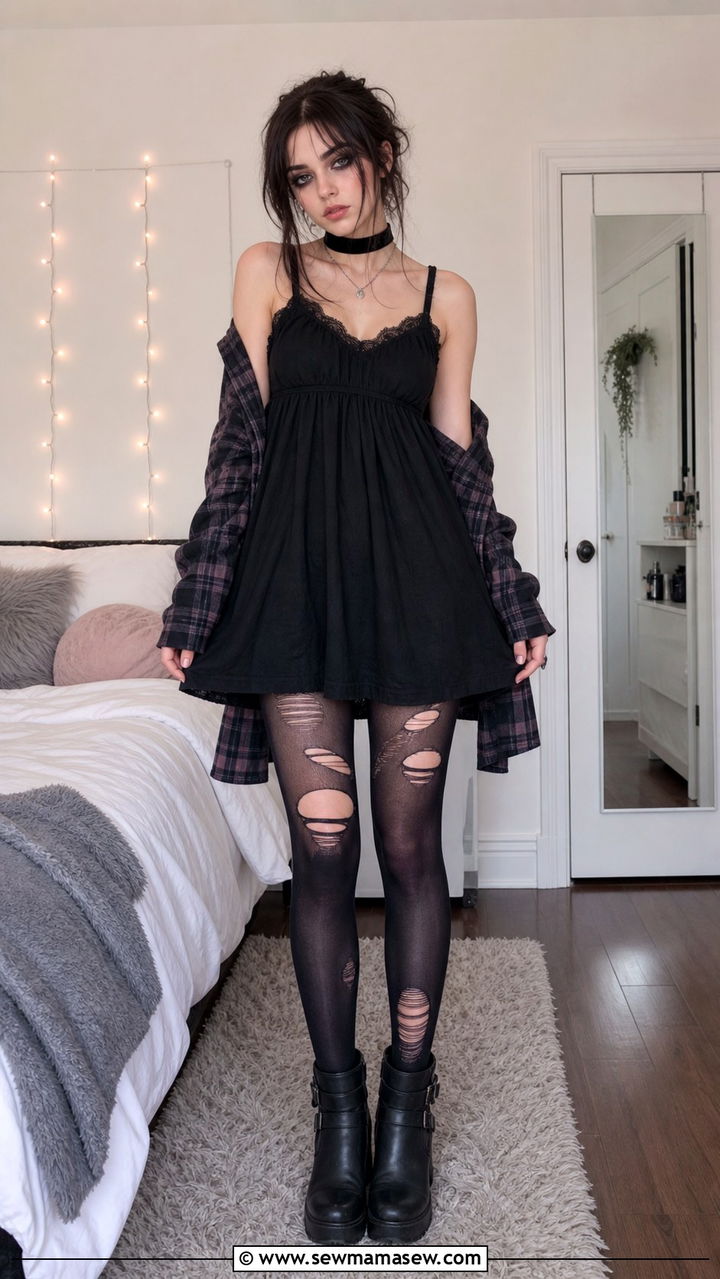 Baby Doll Dress Worn Over Torn Tights With Ankle Boots - 40 grunge outfits