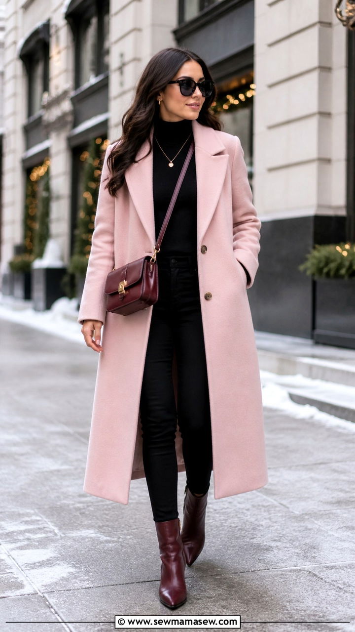 Baby Pink Coat and Burgundy Accessories - 40 Baby pink outfit ideas
