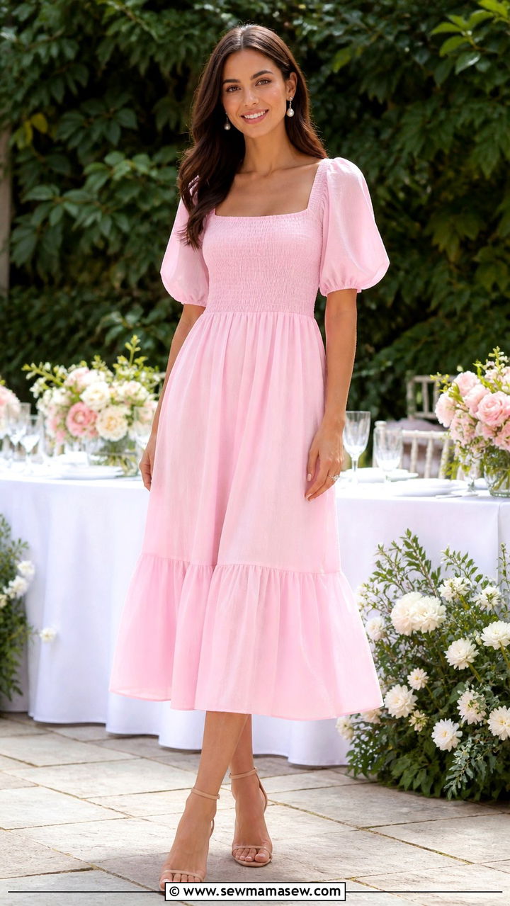 Baby Pink Midi Dress and Nude Heels - 40 Baby pink outfit ideas