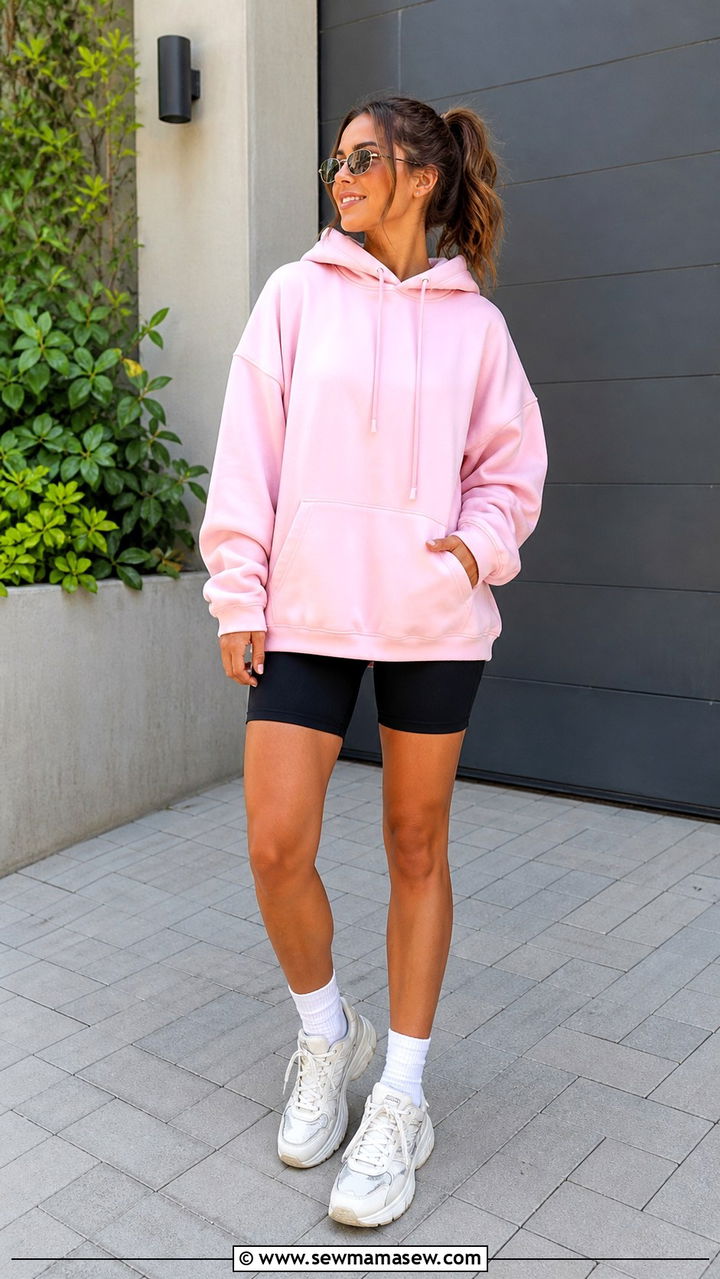Baby Pink Oversized Hoodie and Biker Shorts - 40 Baby pink outfit ideas