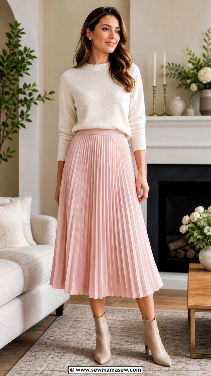 Baby Pink Pleated Midi Skirt and Cashmere Sweater - 40 Baby pink outfit ideas