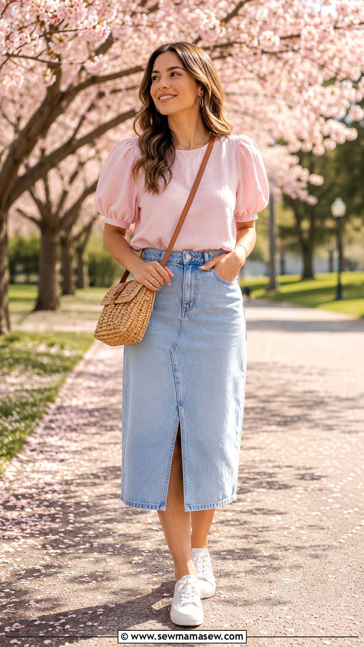 Baby Pink Puff Sleeve Blouse with Denim Skirt - 30 Pastel pink outfit ideas spring