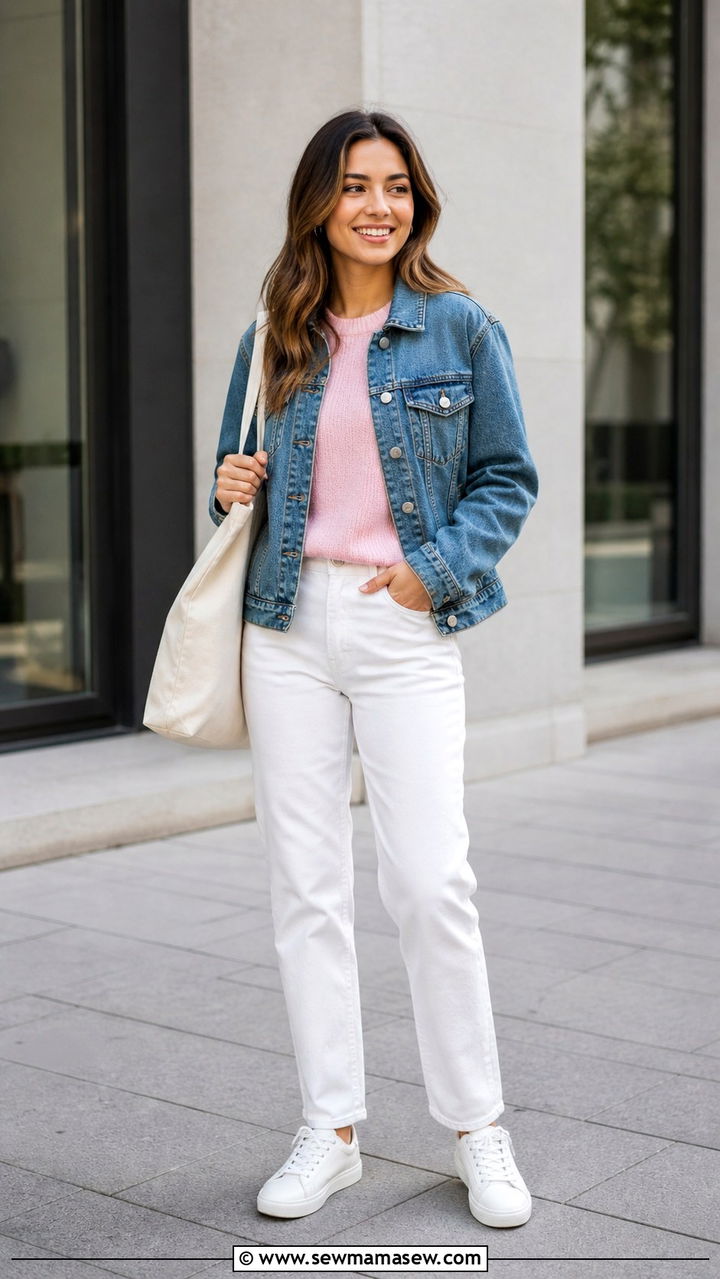 Baby Pink Sweater and Denim Jacket - 40 Baby pink outfit ideas