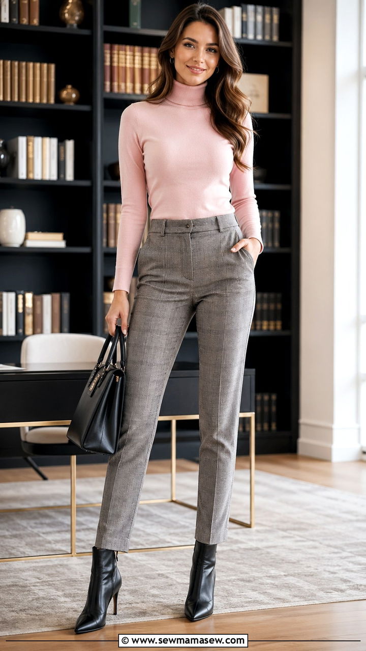 Baby Pink Turtleneck and Plaid Trousers - 40 Baby pink outfit ideas