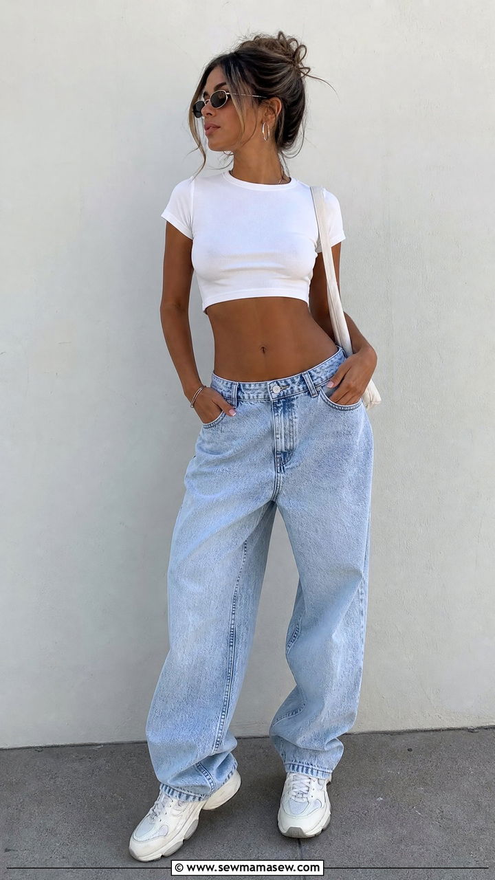 Baby Tee With Baggy Light Wash Jeans and Chunky Sneakers - 30 summer 90s outfits