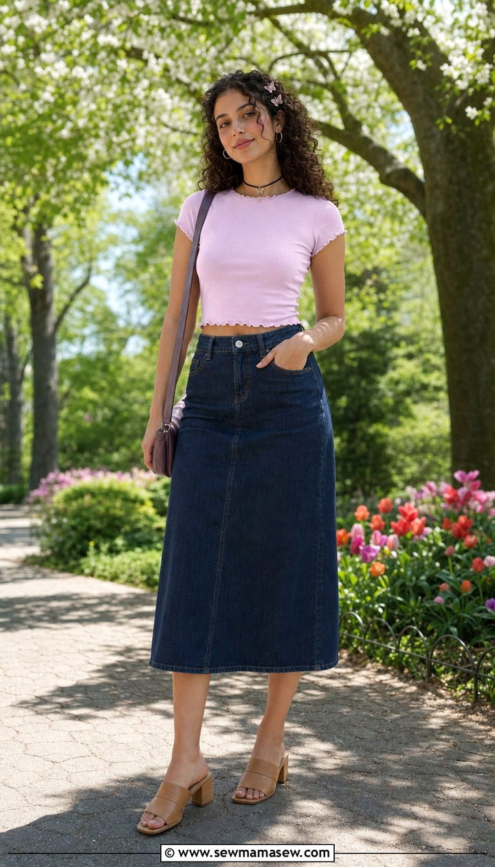 Baby Tee With Midi Denim Skirt - 25 spring 90s outfits