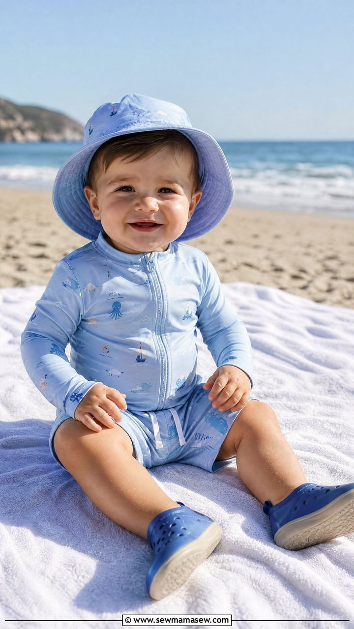 Baby boy UPF long sleeve rash guard set with bucket hat and water shoes - 30 Kids vacation outfit ideas