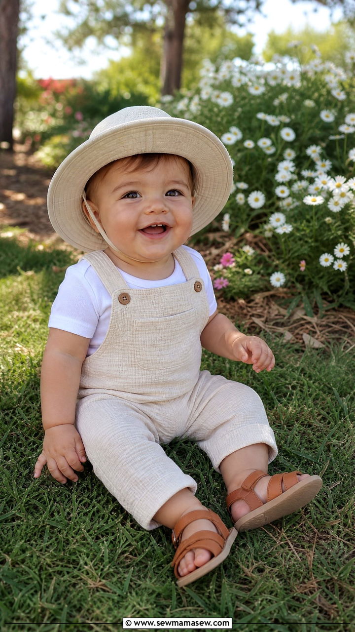 Baby boy gauze cotton overalls with soft sun hat and sandals summer outfit - 30 Kids vacation outfit ideas