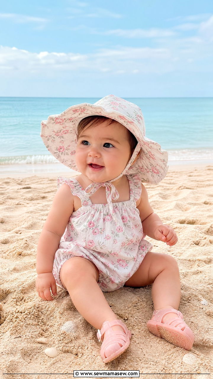 Baby girl bubble romper and sun hat beach vacation outfit - 30 Kids vacation outfit ideas