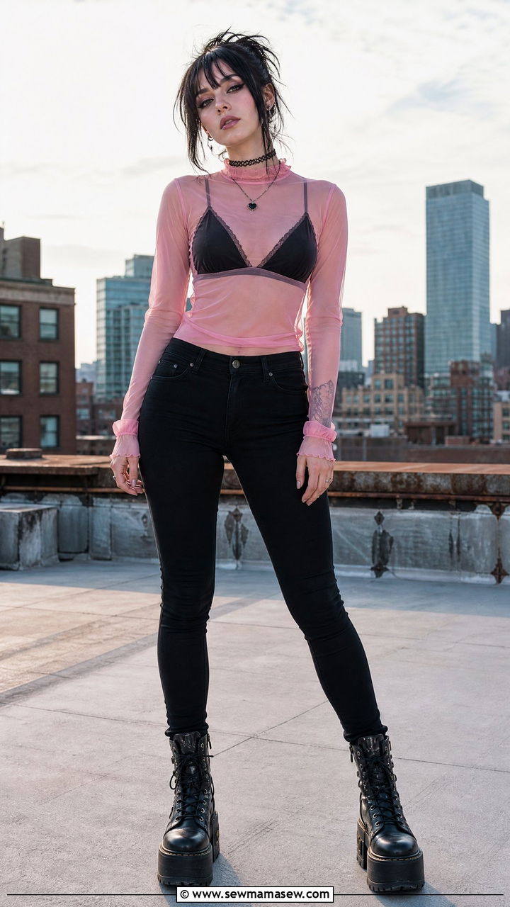 Baby pink mesh top layered over black bralette with black skinny jeans goth outfit - 40 Gothic outfit ideas