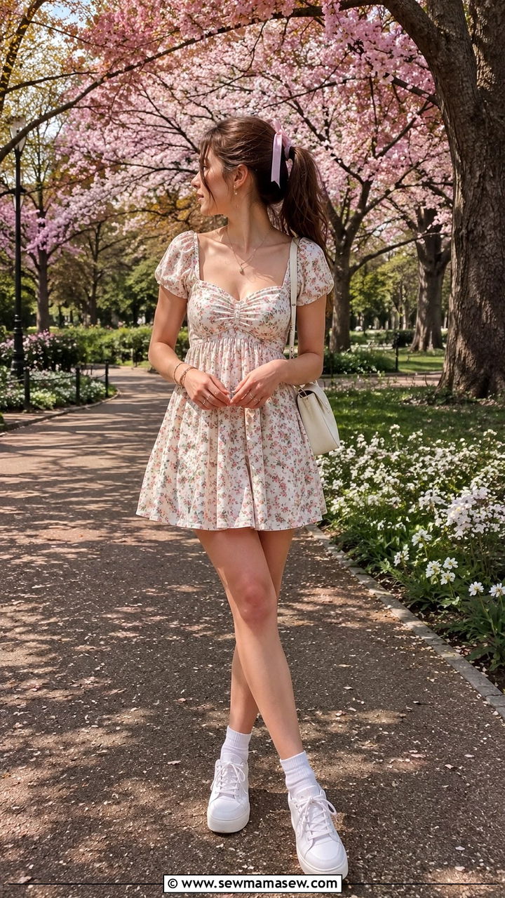 Babydoll Dress With White Sneakers And Mini Bag - 30 spring vintage outfit ideas