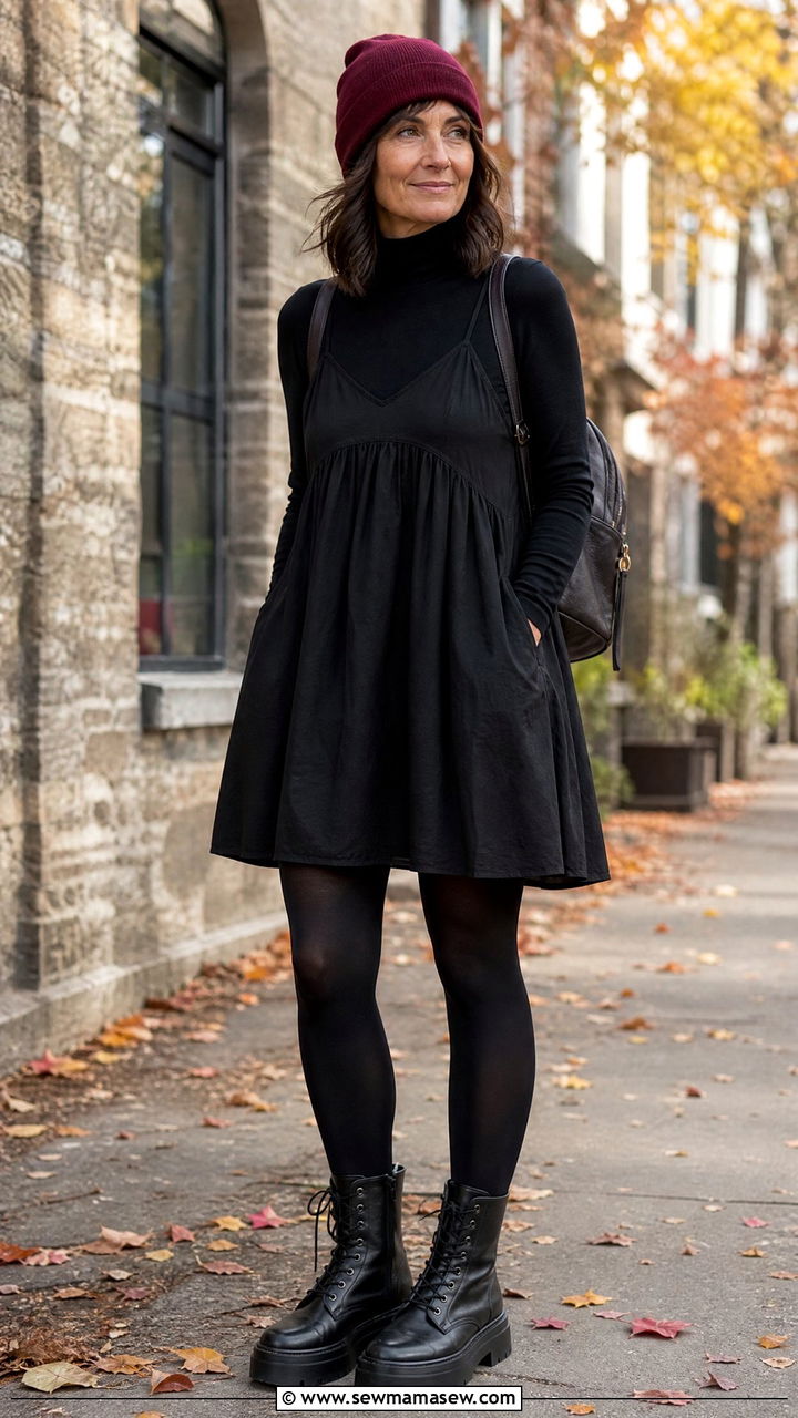 Babydoll Dress with Combat Boots and a Slouchy Beanie - 25 grunge outfit ideas for women over 40