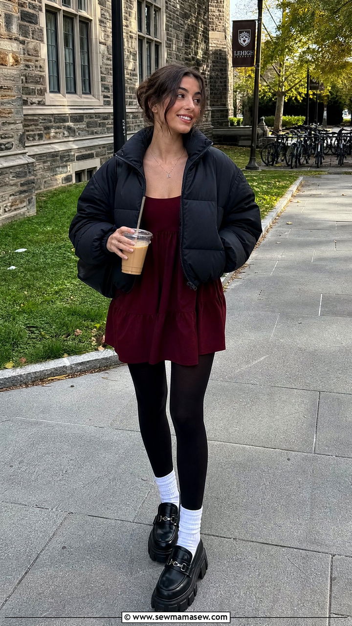 Babydoll Mini Dress With Ankle Socks And Tights - 30 Mini dress outfit ideas with tights