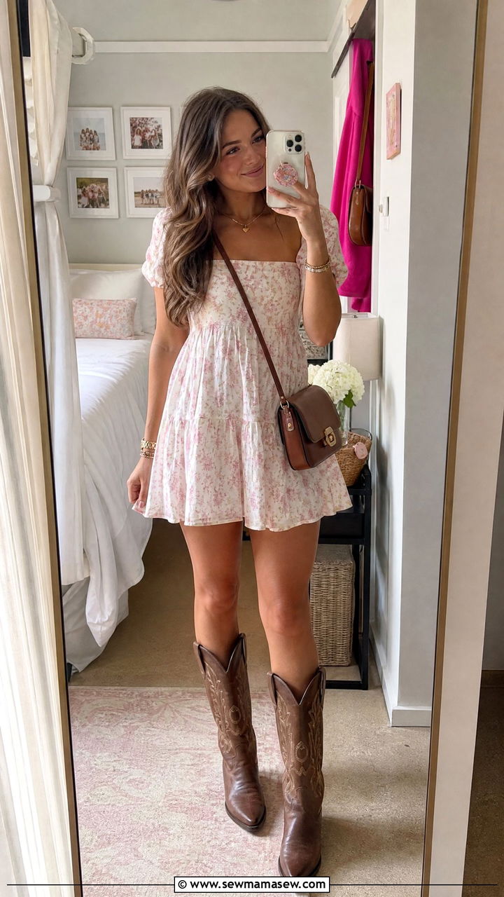 Babydoll dress and cowboy boots - 25 Rush week outfit ideas day 1