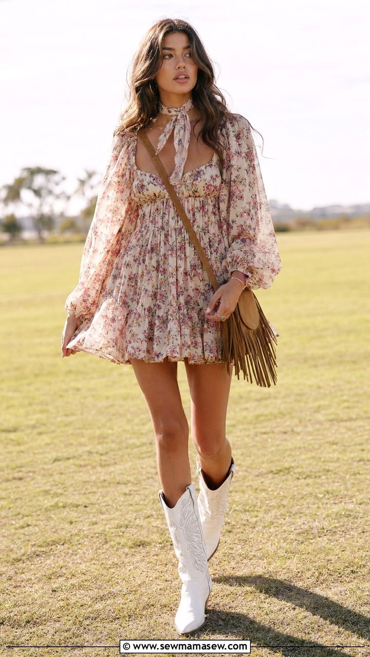 Babydoll dress with cowboy boots outfit - 35 2000s outfit ideas