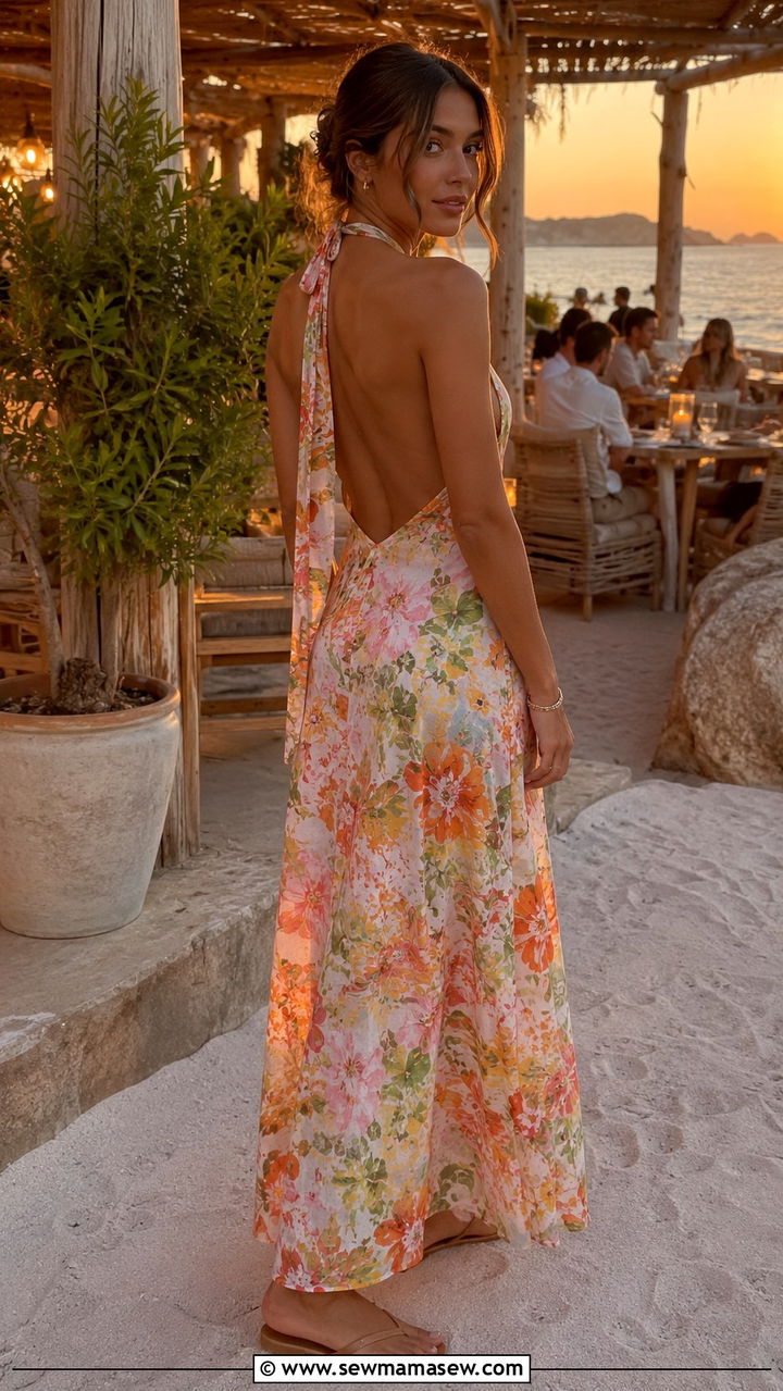Backless halter sundress with slim flat sandals - 30 Romantic summer outfit ideas