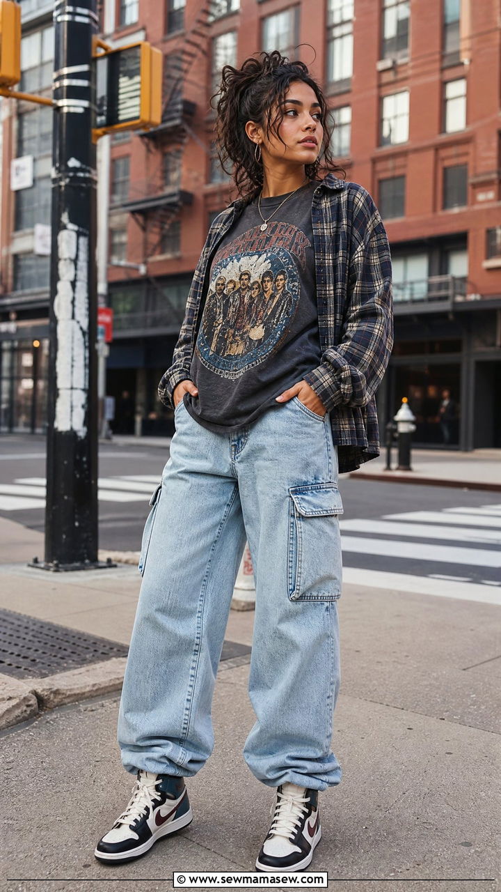 Baggy Cargo Jeans With Graphic Tee And Flannel - 25 90s outfits 2026