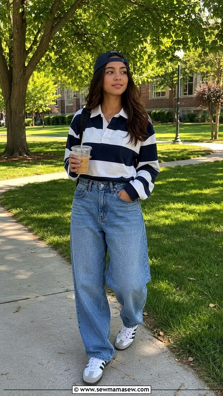 Baggy Dad Jeans and Striped Rugby Polo - 30 Trendy outfits for 17 year olds