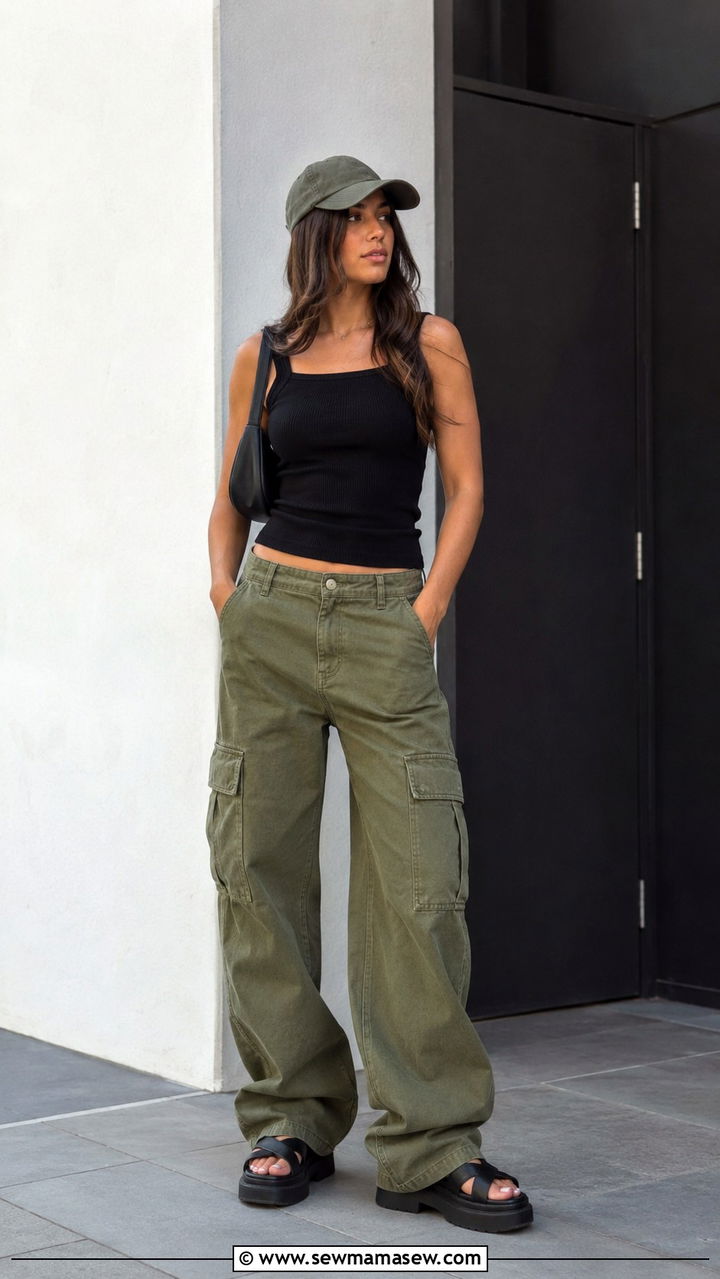 Baggy Green Jeans And Fitted Tank Outfit - 30 Green jeans outfit ideas