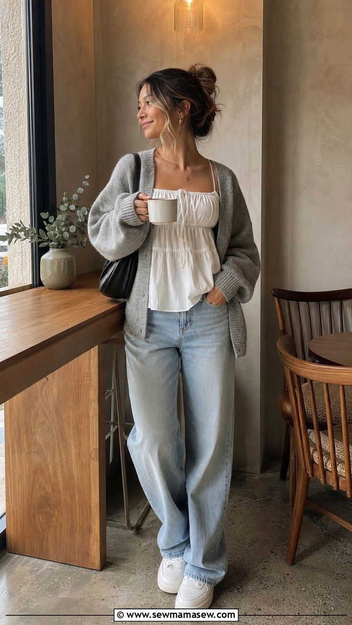 Baggy Jeans With Babydoll Top And Grey Cardigan - 25 Coastal granddaughter outfit ideas