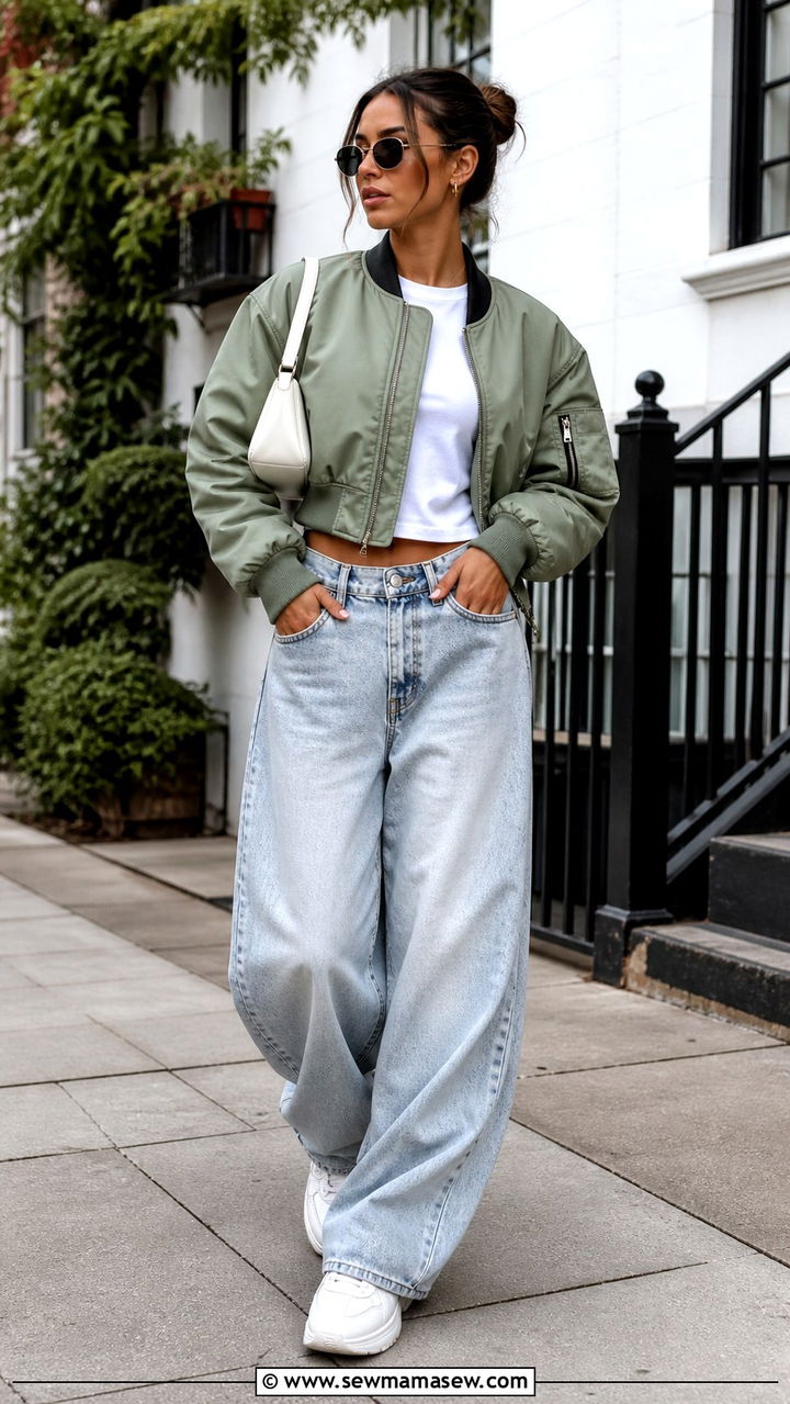 Baggy Jeans With Cropped Bomber Jacket - 40 Cute spring outfits