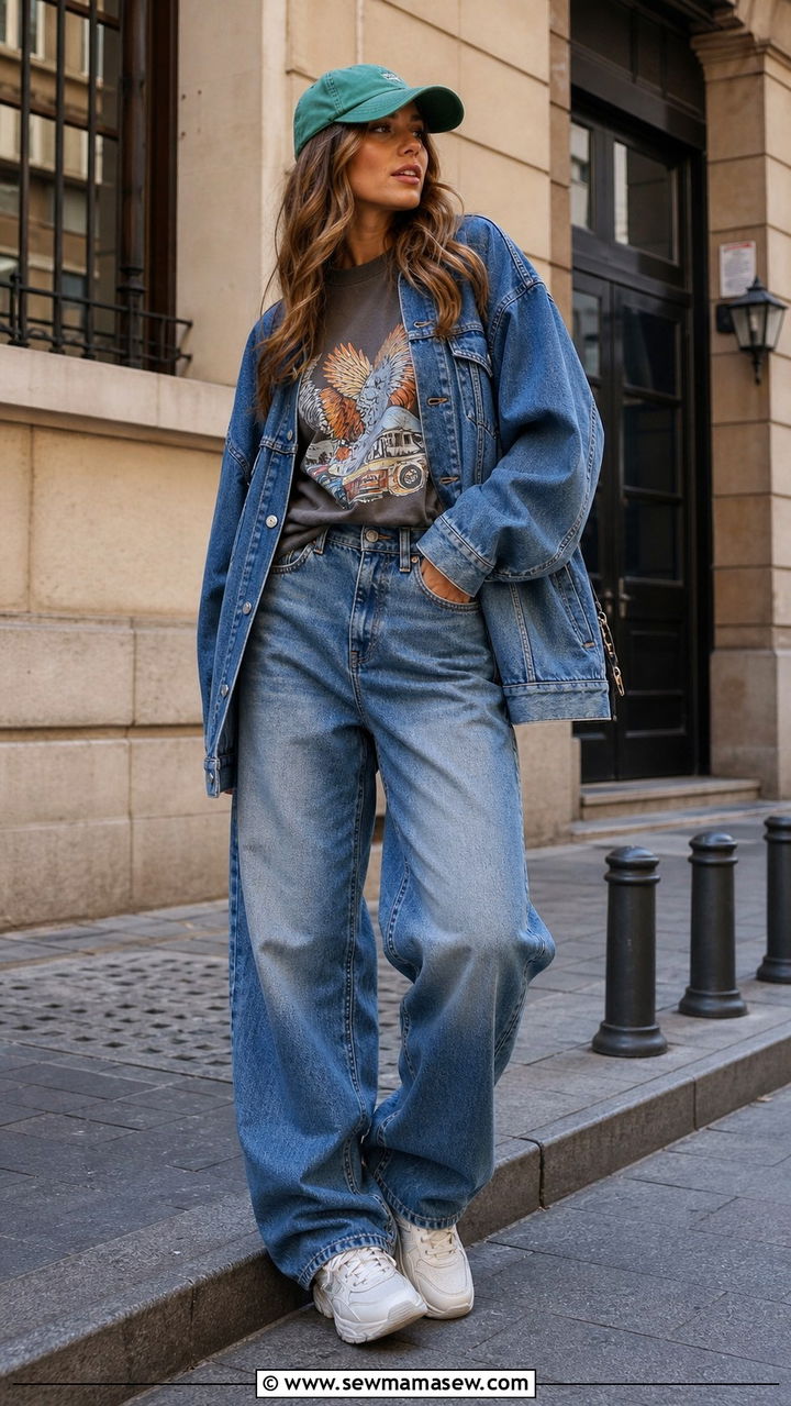 Baggy Jeans With Graphic Tee And Denim Jacket - 40 spring jeans outfit ideas