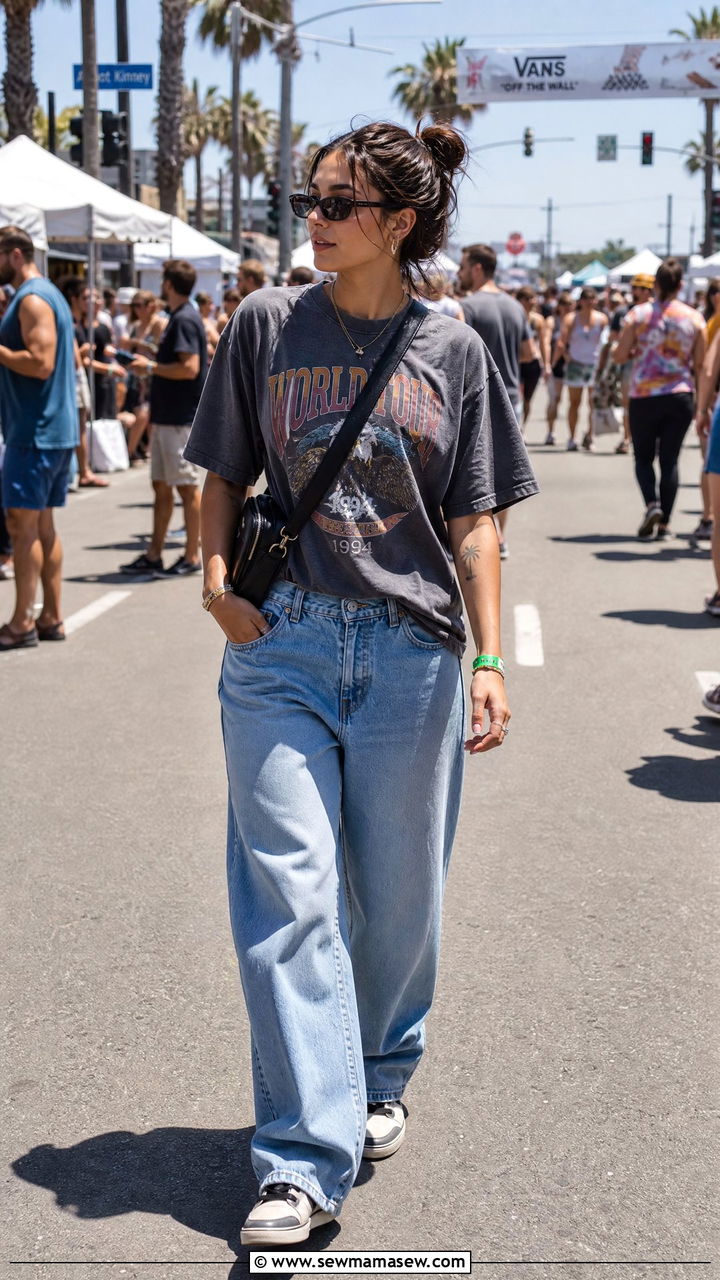 Baggy Jeans With Grey Graphic Tee and Crossbody Bag - 25 Chicago outfit ideas