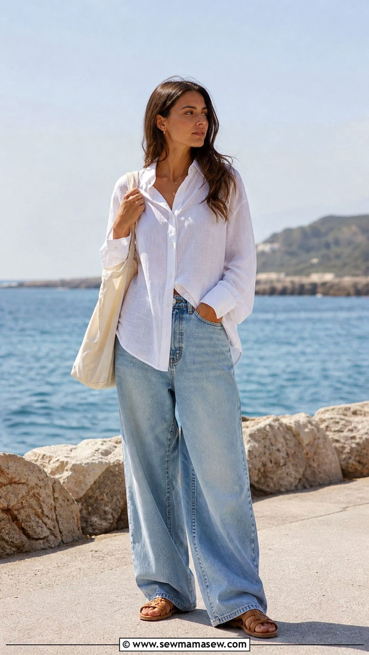 Baggy Jeans With Linen Button Down And Fisherman Sandals - 40 spring jeans outfit ideas
